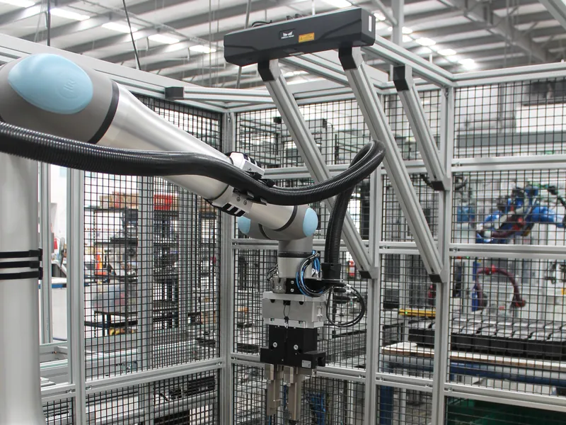 Cobot with a two-finger gripper under an overhead Mech-Mind 3D vision camera in a guarded cell, built by AMD Machines