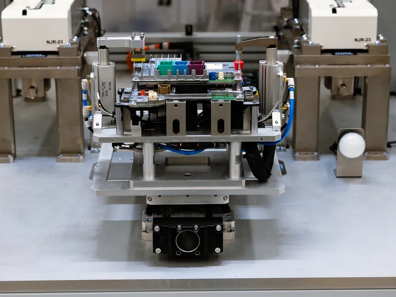 Electronic module with PCB connectors clamped in an assembly fixture between two screw feeders, built by AMD Machines