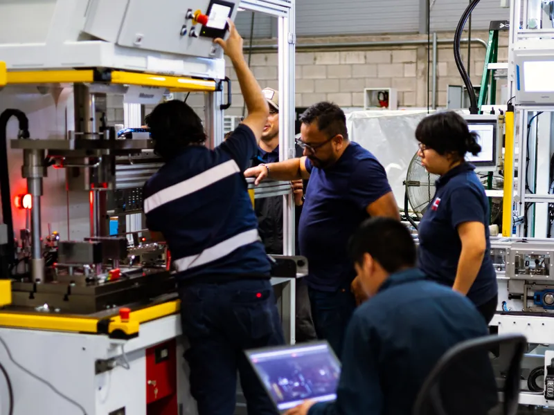 AMD Machines engineers working on a press station, one at the operator panel and one on a laptop