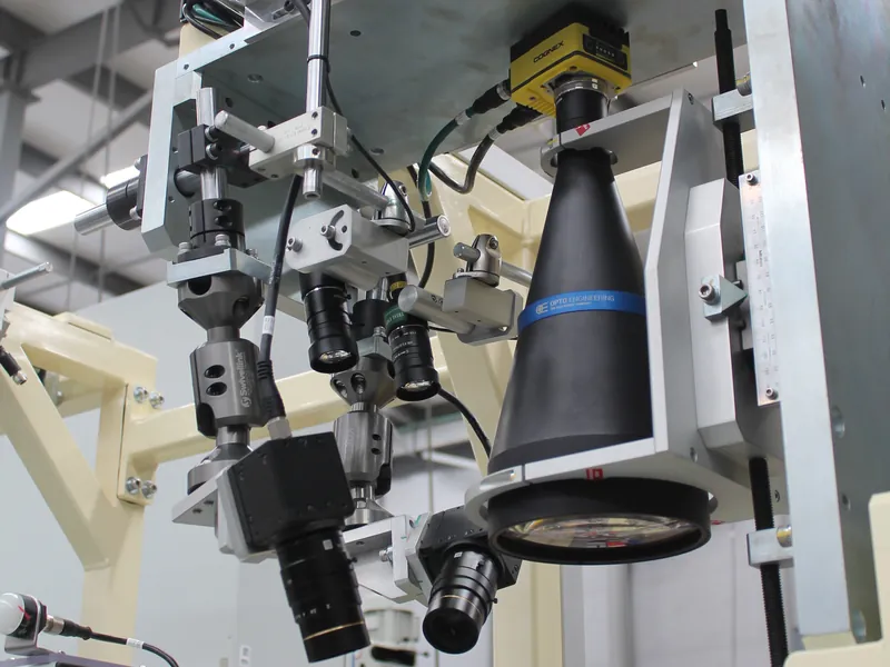 Multi-camera machine vision station with a Cognex camera on an Opto Engineering telecentric lens, built by AMD Machines